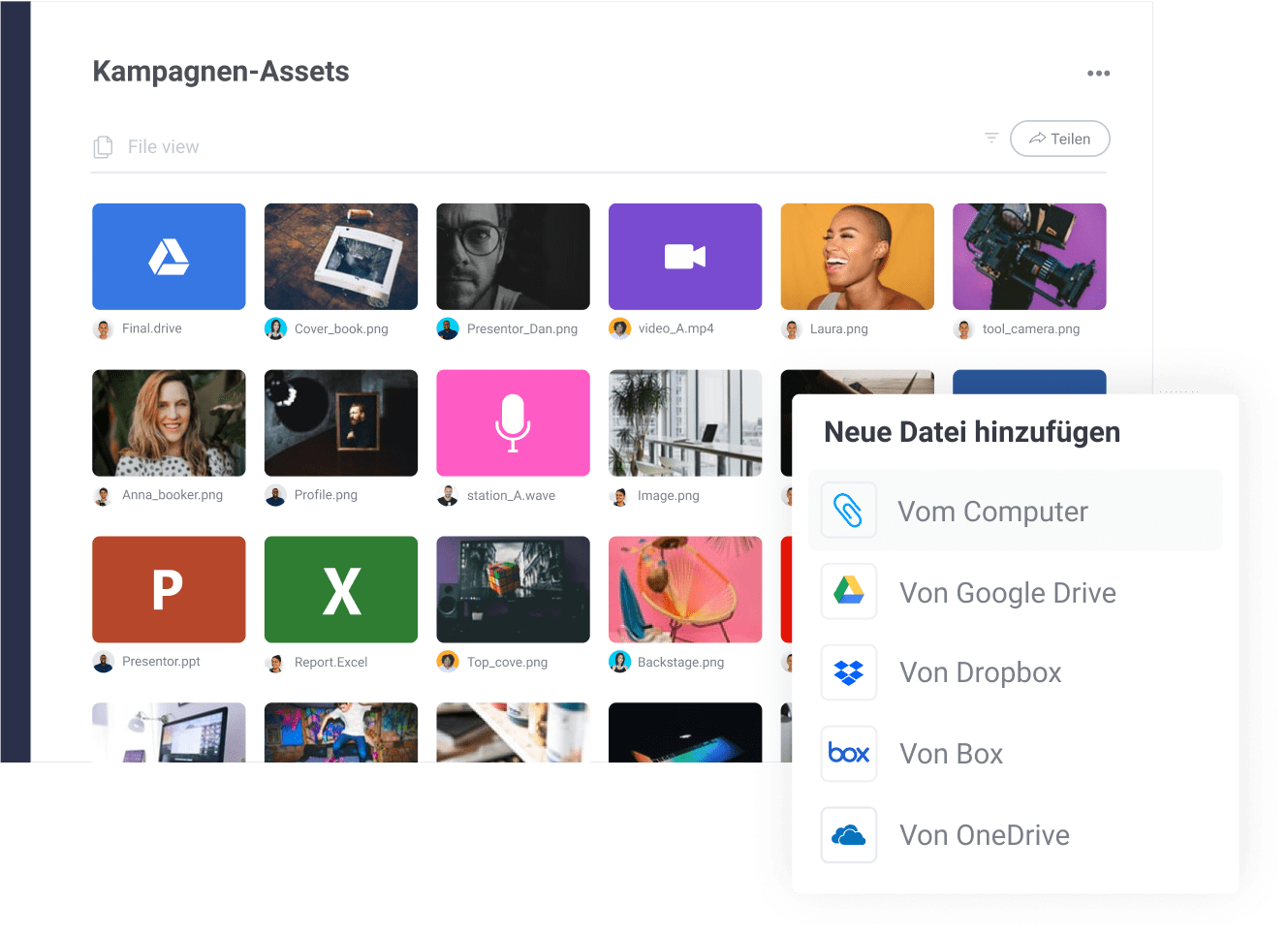 Übersicht von Kampagnen-Assets auf monday.com mit Dialog für das Hochladen neuer Dateien